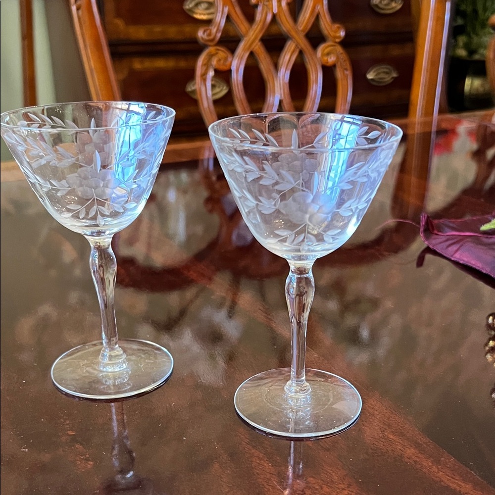 Vintage Etched Crystal Wine Glass Set of 2